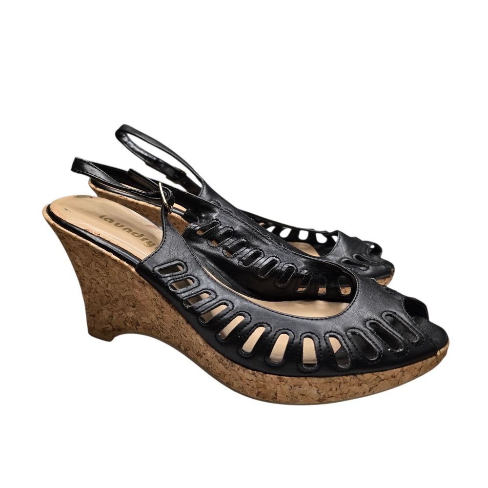 Laundry List Black Peep Perforated Wedge Heels 8.5